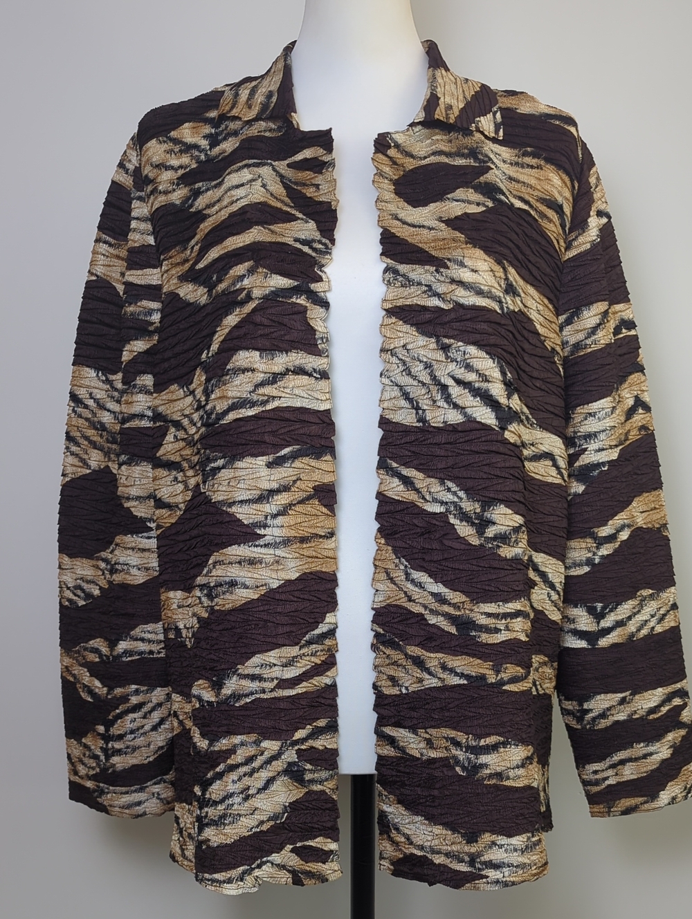 Chico's Tula Scrunchy Tiger Stripe Open Front Crinkle Jacket Blazer SIZE 2